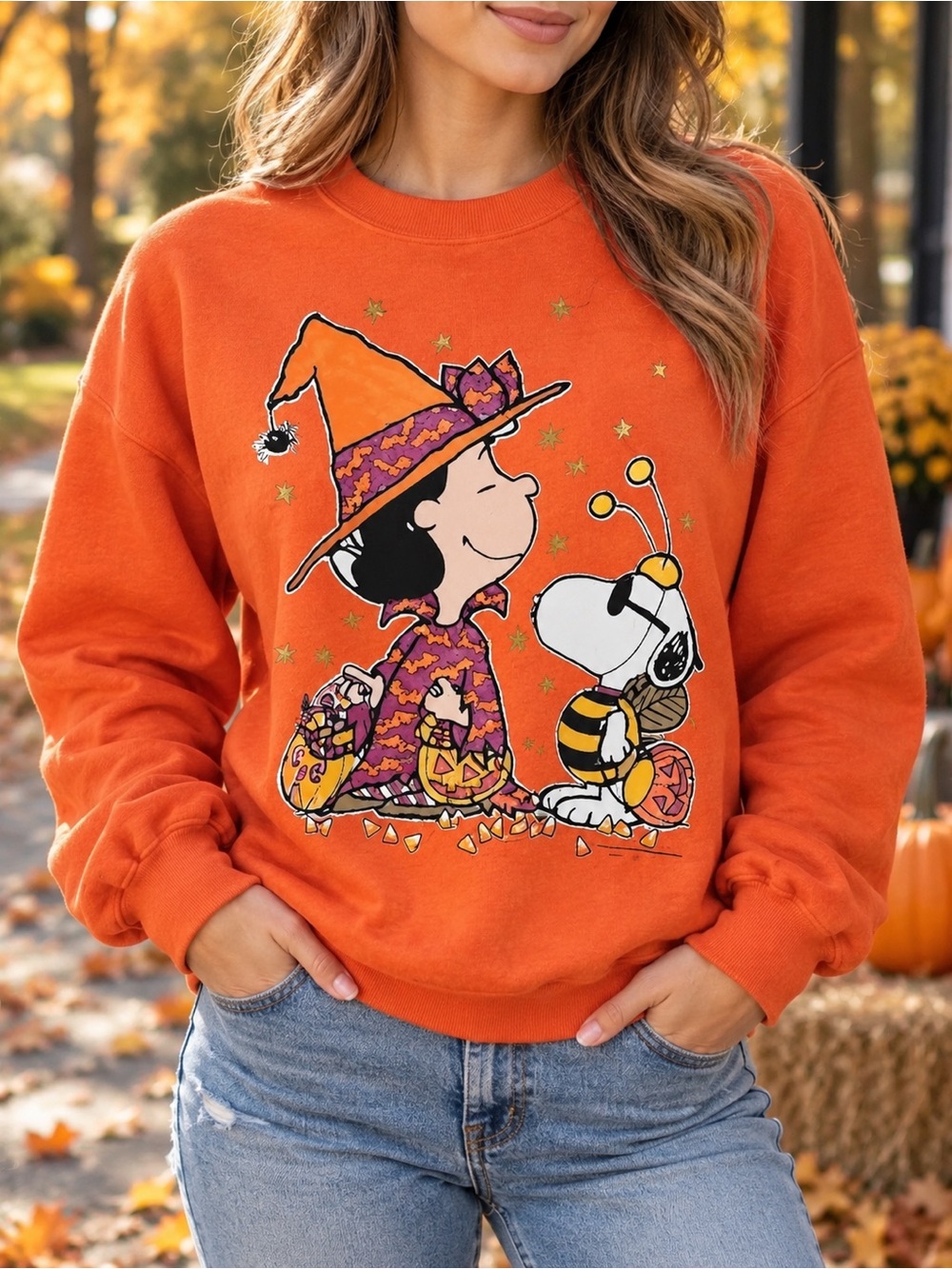 Witchy Girl And Bee Dog Sweatshirt Halloween Candy Pail Crewneck Gildan